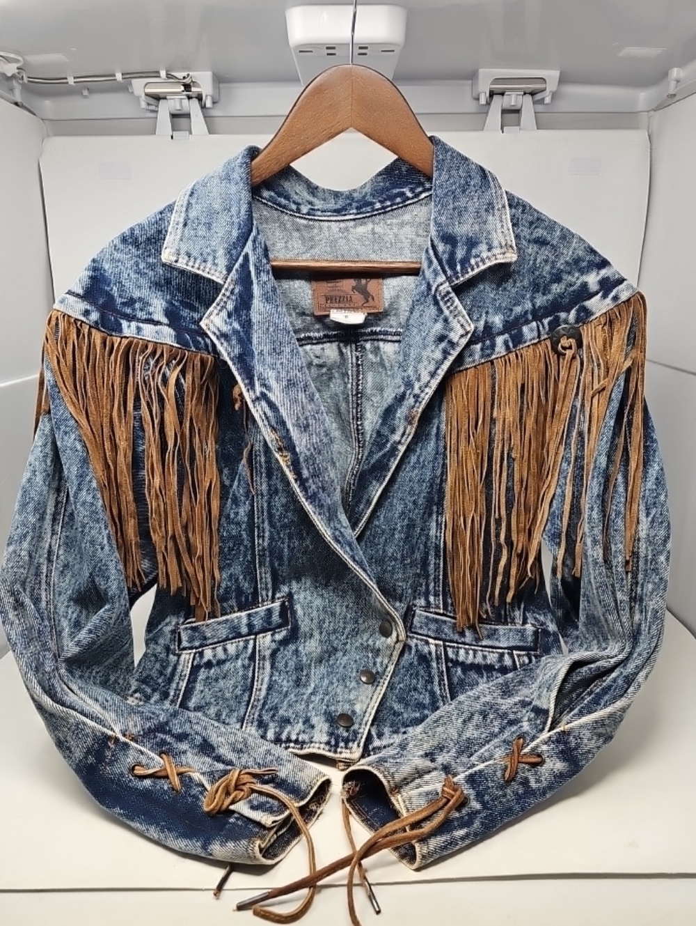 Vintage Prezzia Small Women’s Denim Fringe Jacket with Brown Suede Trim